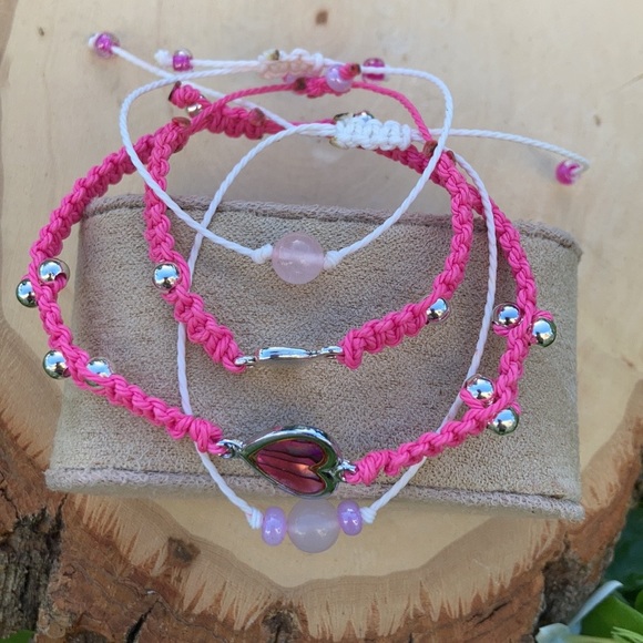 Mommy & Me Girl Love Rose quartz Stone set bracelet Handmade, pink/silver. - Picture 3 of 10